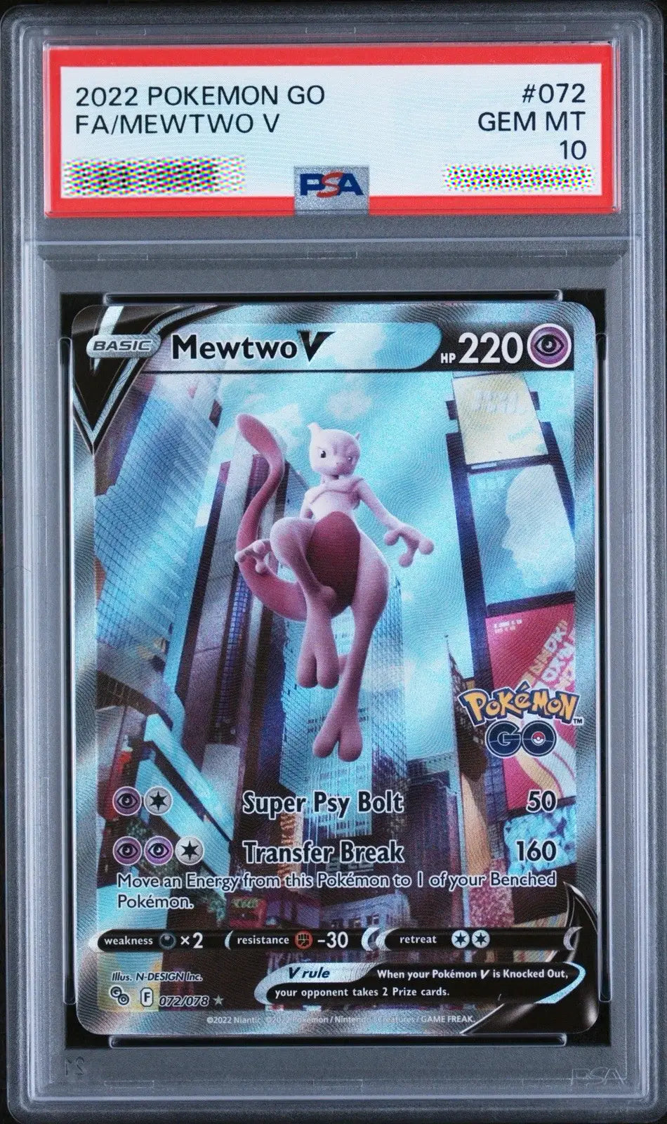 Pokémon trading card featuring Mewtwo V in a protective case with a PSA label.