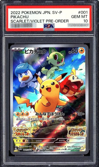 Pokémon trading card featuring Pikachu and other characters in a colorful design, with a PSA grading label on top.