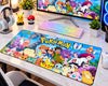 Colorful Pokemon gaming mouse pad featuring the Pokemon logo, Ash, Pikachu, Misty, Brock, Team Rocket, and popular Pokemon characters including Charizard, Gengar, Mewtwo, Snorlax, Eevee, Jigglypuff, Bulbasaur, and Squirtle.