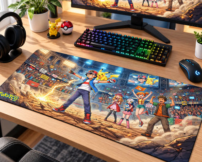 Pokemon gaming mouse pad featuring Ash Ketchum and Pikachu in a championship stadium with Misty, Brock, other trainers, cheering spectators, arena screens, and dramatic battle effects.