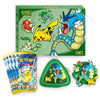 A Pokémon-themed gift set featuring a green character box with illustrated Pokémon, three blue and yellow foil packs, a green triangular pouch, and a small green floral accessory on a white background.