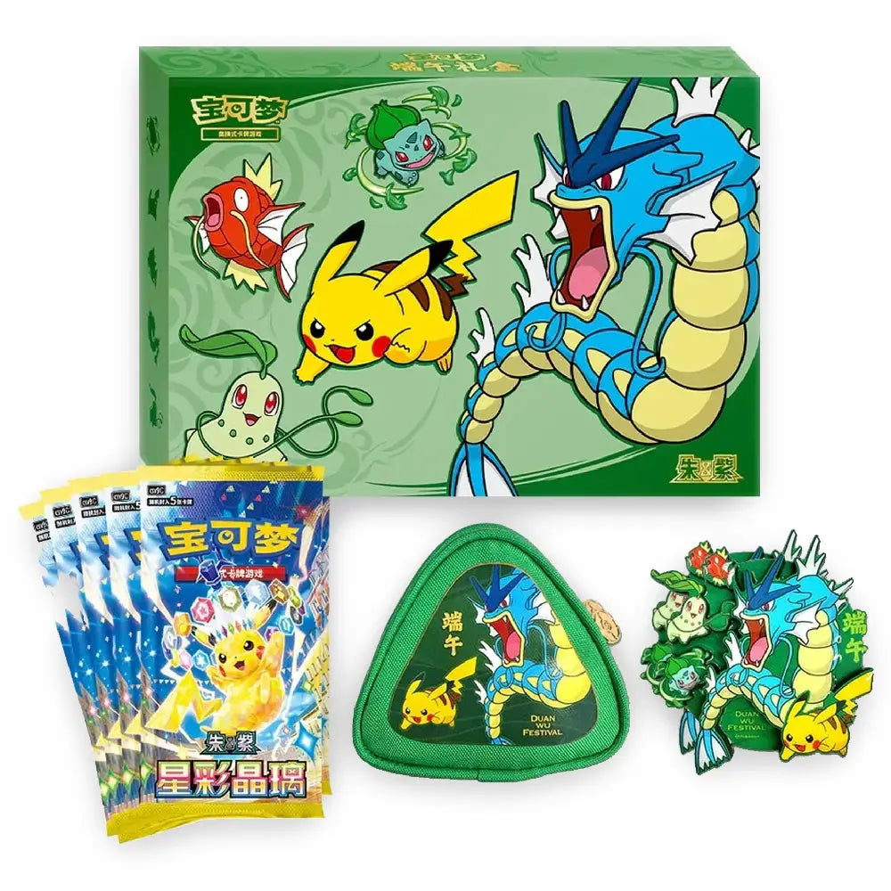 A Pokémon-themed gift set featuring a green character box with illustrated Pokémon, three blue and yellow foil packs, a green triangular pouch, and a small green floral accessory on a white background.