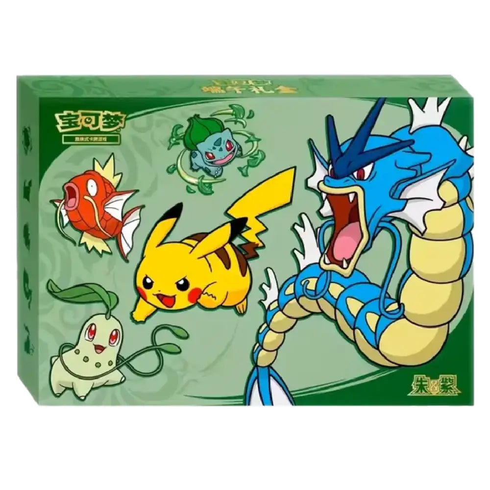 A green Pokémon-themed product box featuring illustrated characters including Pikachu, Gyarados, Bulbasaur, Ivysaur, and Chikorita on a white background.