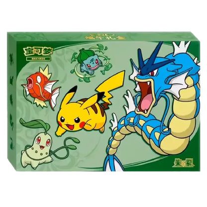 A green Pokémon-themed product box featuring illustrated characters including Pikachu, Gyarados, Bulbasaur, Ivysaur, and Chikorita on a white background.