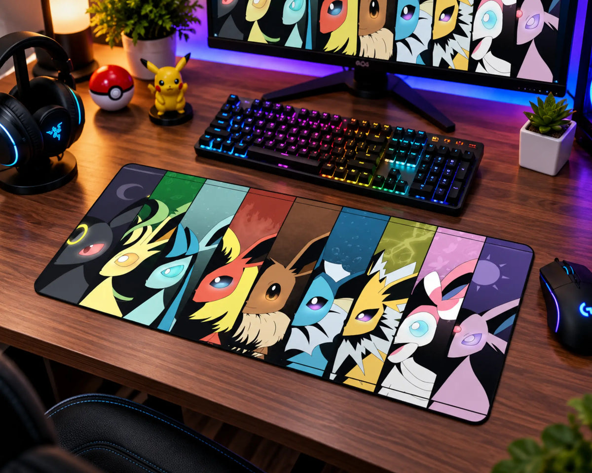 Pokemon Eeveelution gaming mouse pad featuring colorful portrait panels of Eevee, Vaporeon, Jolteon, Flareon, Espeon, Umbreon, Leafeon, Glaceon, and Sylveon.