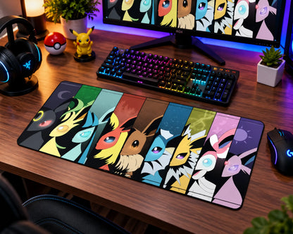 Pokemon Eeveelution gaming mouse pad featuring colorful portrait panels of Eevee, Vaporeon, Jolteon, Flareon, Espeon, Umbreon, Leafeon, Glaceon, and Sylveon.