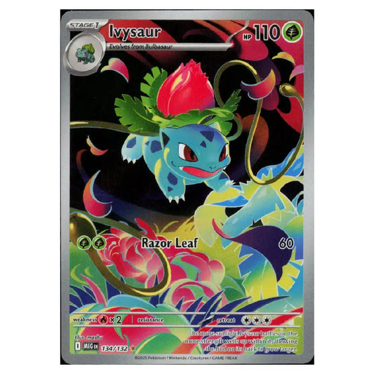 A single Pokémon trading card featuring Ilysaur, a Stage 1 Evoker from Bulbasaur. The card has a dark, colorful fantasy-style illustration with a blue creature, red flower, green leaves, and bright neon floral accents on a black background.