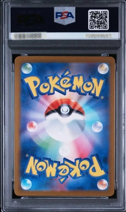 Pokémon trading card in a protective case with a PSA logo above it