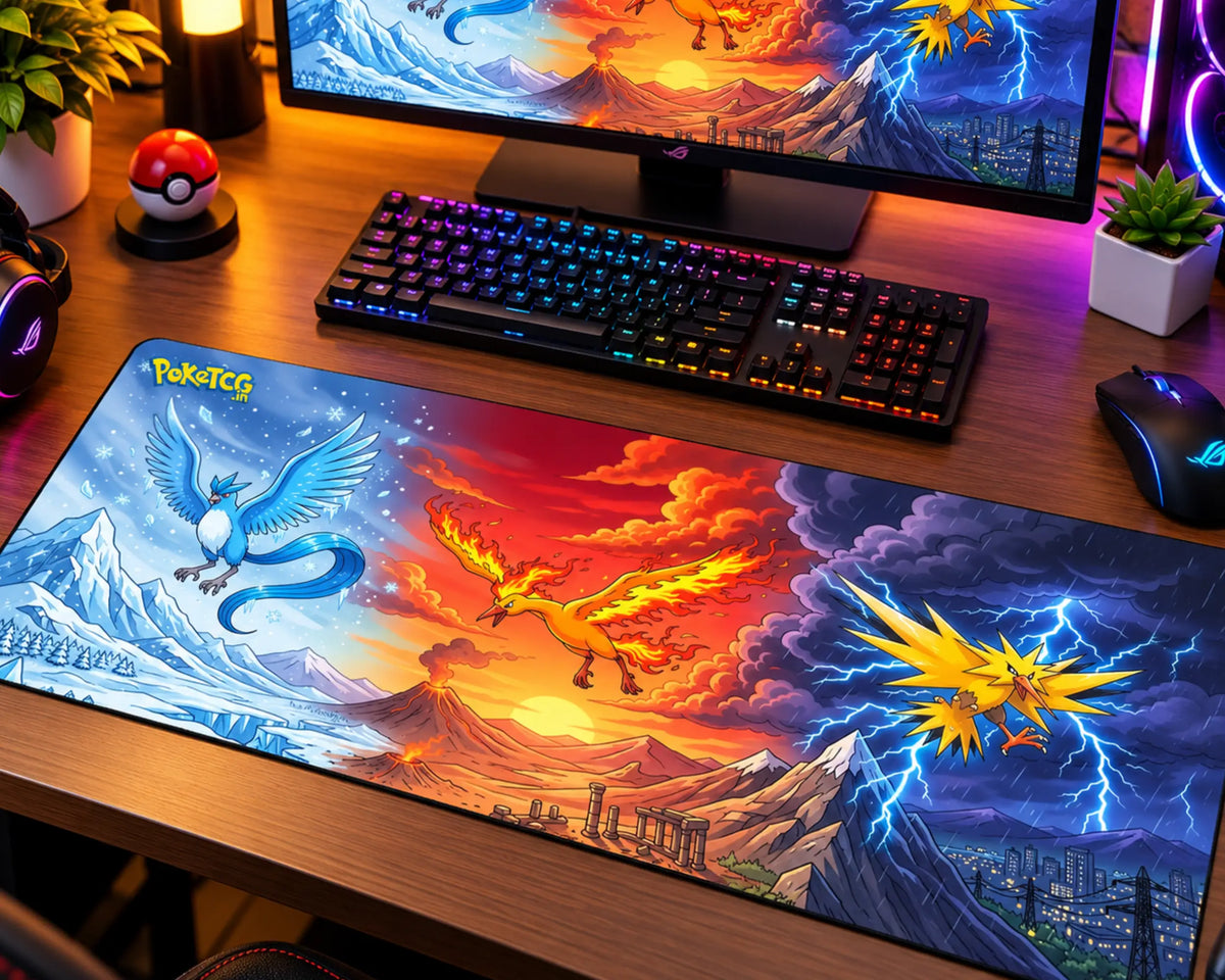 Pokemon gaming mouse pad featuring Articuno flying over an icy blue mountain landscape, Moltres surrounded by a fiery orange sunset, and Zapdos flying through a dark storm with bright blue lightning.