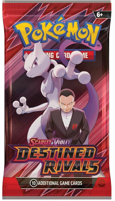 Pokémon trading card game pack featuring Mewtwo and a character, with 'Destined Rivals' text on a red background.