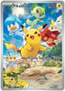 Pokémon trading card featuring Pikachu and other characters with a scenic background.