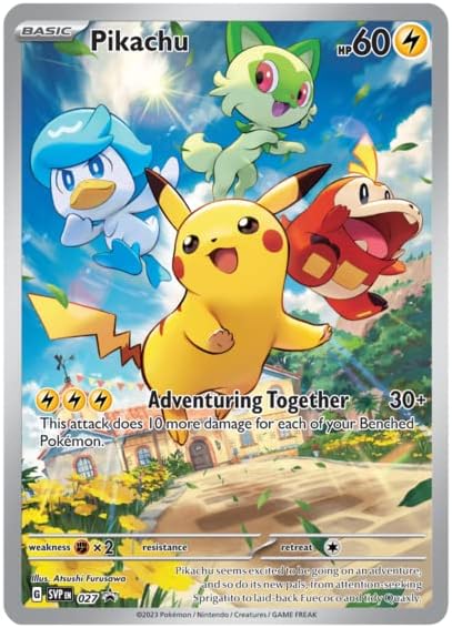 Pokémon trading card featuring Pikachu and other characters with a scenic background.