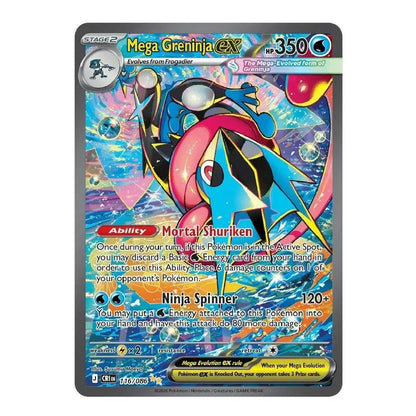 A single Pokémon trading card featuring Mega Greninja, shown against a plain white background. The card has a dark gray border and displays colorful artwork of the character in blue, pink, and black, with text including 'Mega Greninja EX' and '350 U'.