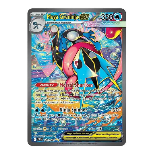 A single Pokémon trading card featuring Mega Greninja, shown against a plain white background. The card has a dark gray border and displays colorful artwork of the character in blue, pink, and black, with text including 'Mega Greninja EX' and '350 U'.
