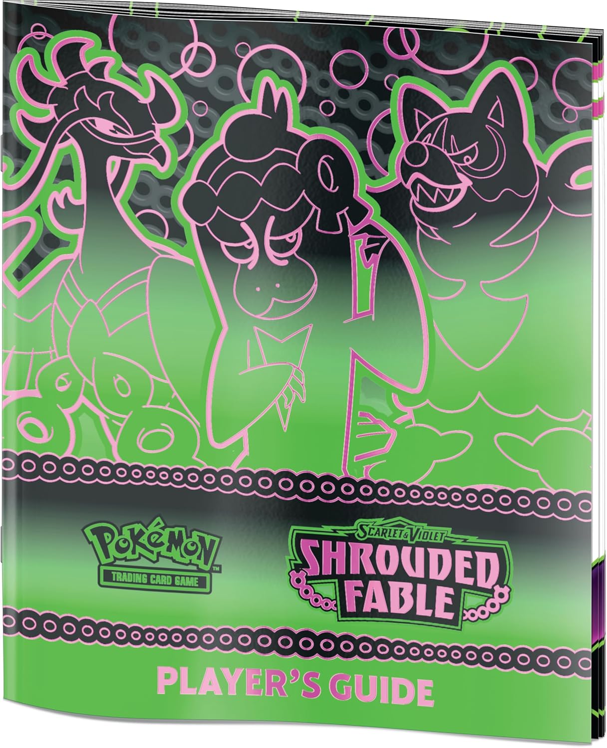 Pokemon trading card game player's guide with character illustrations on a green and black background