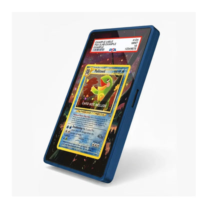 A blue smartphone shown at an angle on a light gray background, displaying a Pokémon trading card on its screen. The phone has a dark side button and a black front face with colorful wallpaper.