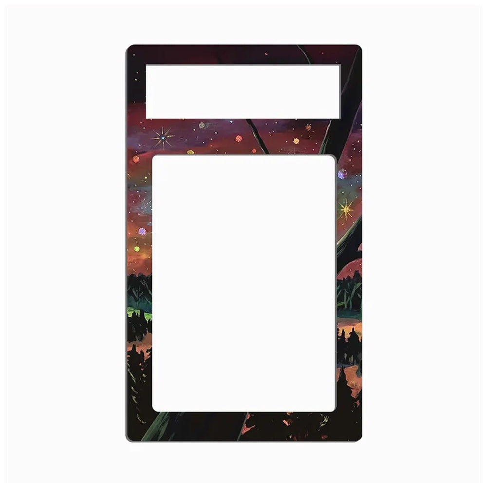 A decorative phone case or frame with a large blank white center and a colorful illustrated border featuring a starry night sky, trees, and small glowing lights.