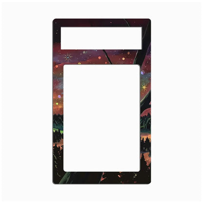A decorative phone case or frame with a large blank white center and a colorful illustrated border featuring a starry night sky, trees, and small glowing lights.