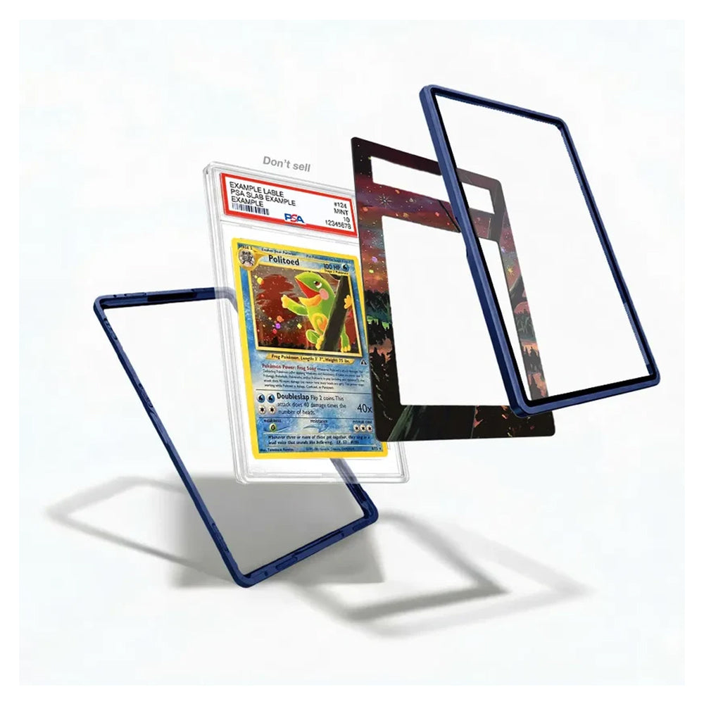 A graded Pokémon trading card in a clear plastic slab with a blue frame, shown with three additional empty frames floating around it on a white background.