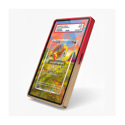 A smartphone shown at an angle with a red outer frame and a light wood-toned inner bezel, displaying a colorful card game interface on screen. No person, animal, or real environment is present, so this is Product/Packaging rather than Lifestyle.