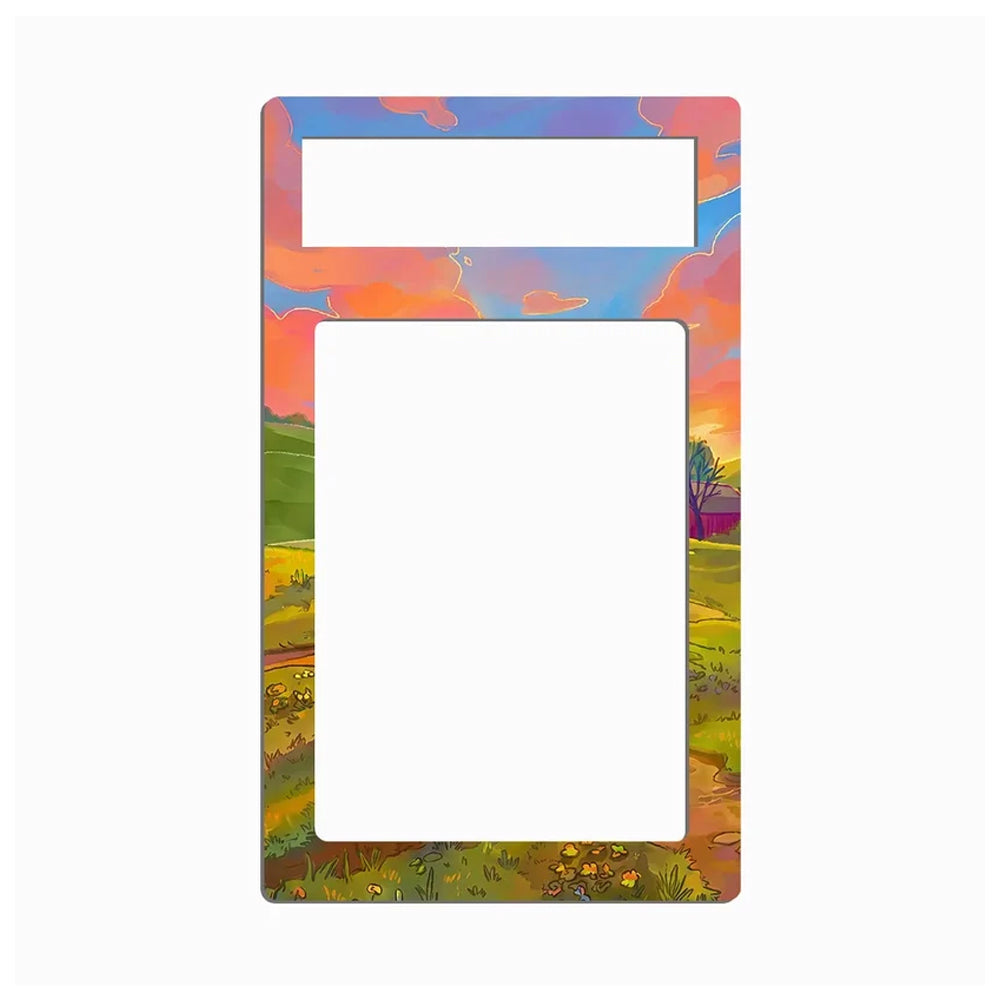 A decorative phone or tablet frame protector with a colorful landscape illustration featuring a sunset sky, fields, and trees, shown on a plain white background.