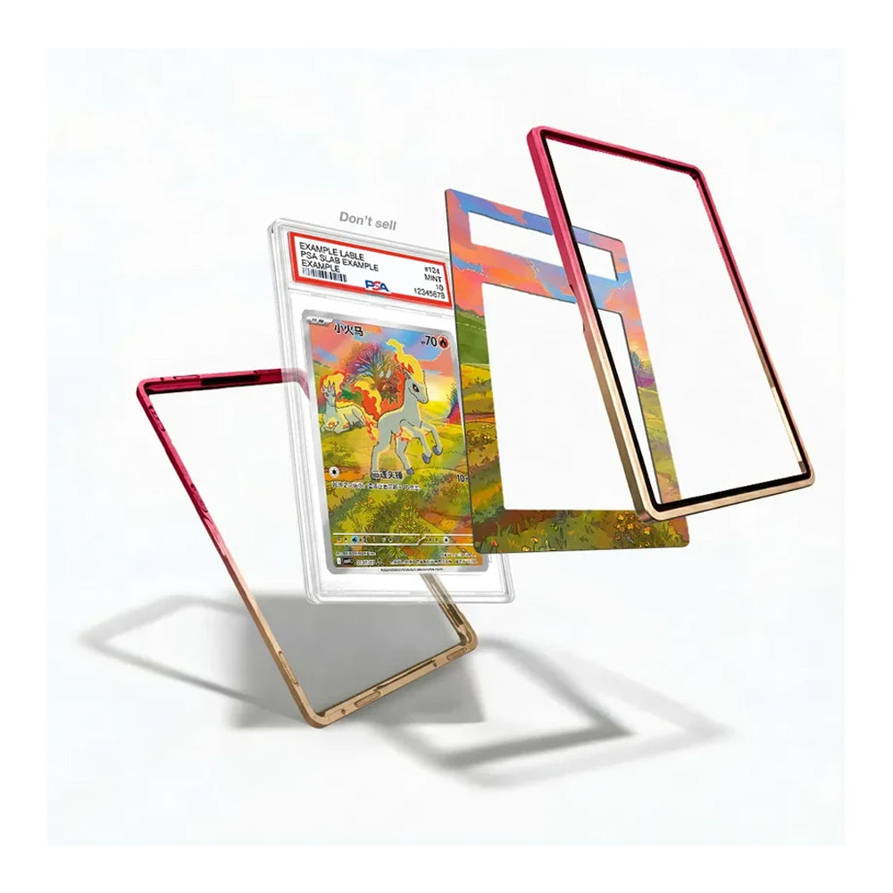 Three clear acrylic phone cases with colorful printed borders are displayed floating against a white background. One case is shown standing upright with a gold-toned edge, one is angled to show a red-toned edge, and one is shown from the back with a multicolor landscape print.
