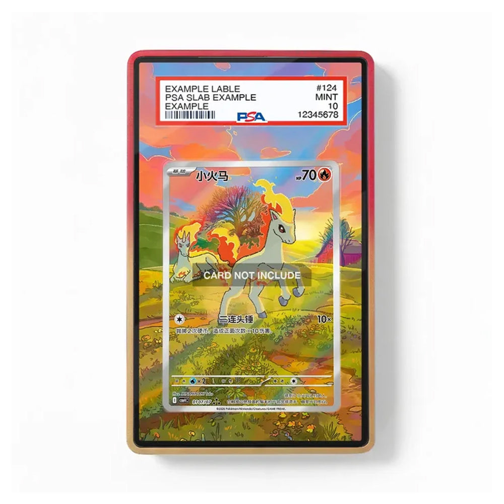 A collectible Pokémon trading card featuring a colorful landscape illustration with a horse character, shown inside a PSA grading slab with a red border. The slab includes printed PSA text and a barcode, and the card has a translucent protective cover with a 'CARD NOT INCLUDE' watermark overlay.