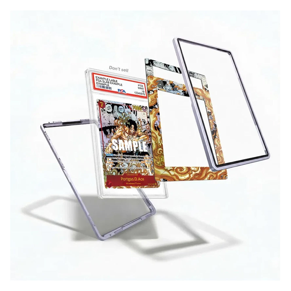 A clear protective case shown with a comic book insert and several transparent inner panels floating around it on a white studio background.