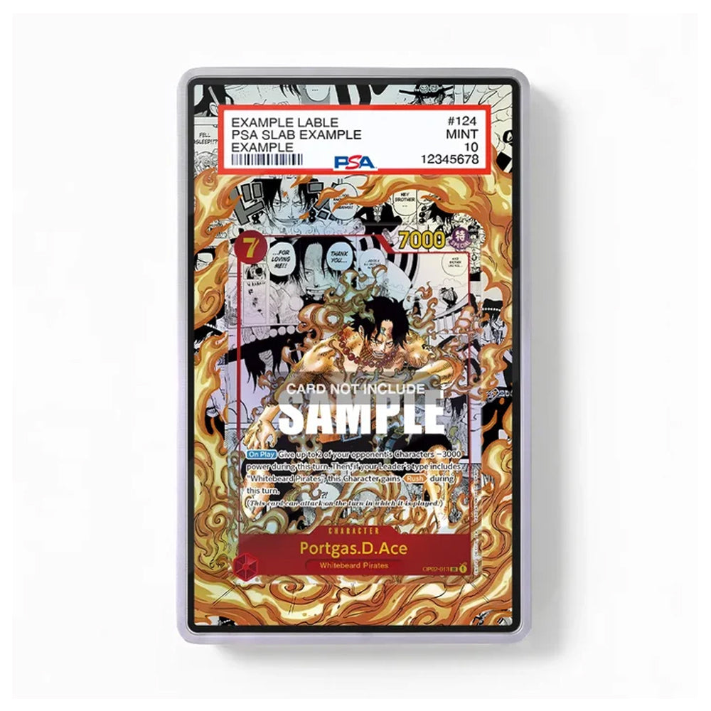 A PSA sample grading slab showing a detailed anime card illustration with a red PSA label at the top and a gray protective edge, photographed on a white background.