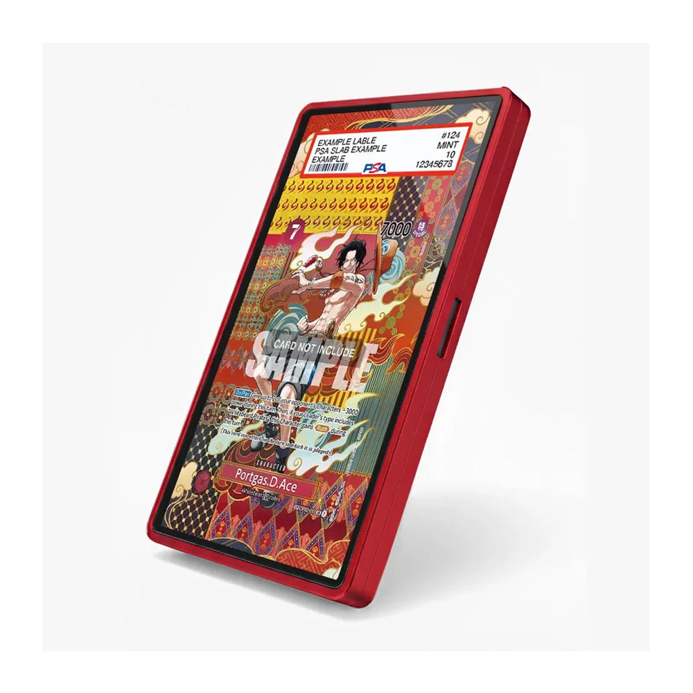 A red smartphone case shown at an angle on a light gray background, with a colorful illustrated screen displaying a Japanese-style collage and the text 'Shuffle' and 'Powered by AI'.