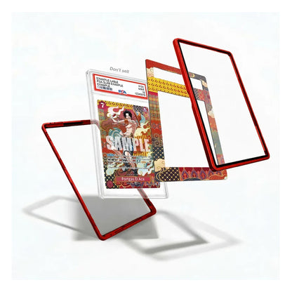 A set of custom card sleeves and frames displayed on a clean white background. The set includes a clear sleeve with a red border standing upright, a clear sleeve with a vintage-style illustrated border standing open, and a patterned card inside a clear sleeve.
