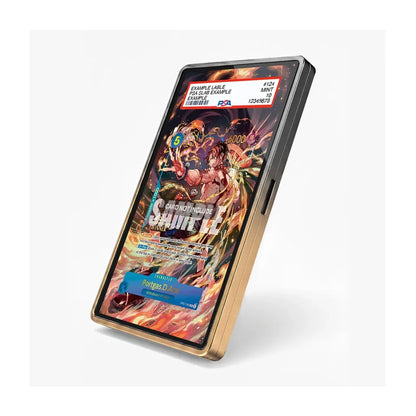A rugged smartphone case shown at an angle on a light gray background. The case has a metallic gold-toned frame and a black back panel displaying a colorful anime-style graphic.
