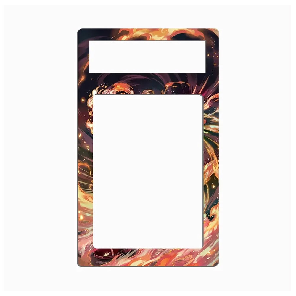 A rectangular decorative plate or frame insert with a large blank white center and a smaller white rectangular slot at the top, surrounded by a vivid abstract marbled pattern in orange, yellow, red, black, and brown tones on a light gray background.
