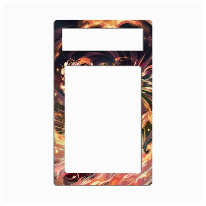A rectangular decorative plate or frame insert with a large blank white center and a smaller white rectangular slot at the top, surrounded by a vivid abstract marbled pattern in orange, yellow, red, black, and brown tones on a light gray background.