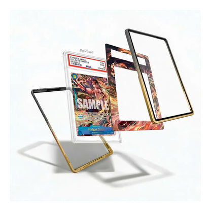 Three transparent phone case frames with black and gold borders are shown floating against a white background, with one frame holding a graded comic book insert and another showing a colorful printed insert design.
