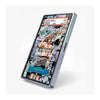 A slim rectangular electronic device with a glossy screen, shown at an angle on a light gray background. The screen displays a colorful collage-style interface with text and illustrated panels, and the device body appears metallic silver.