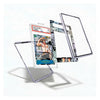 A clear protective case for a tablet, shown assembled with three floating transparent panels and a colorful printed insert card, on a clean white background.
