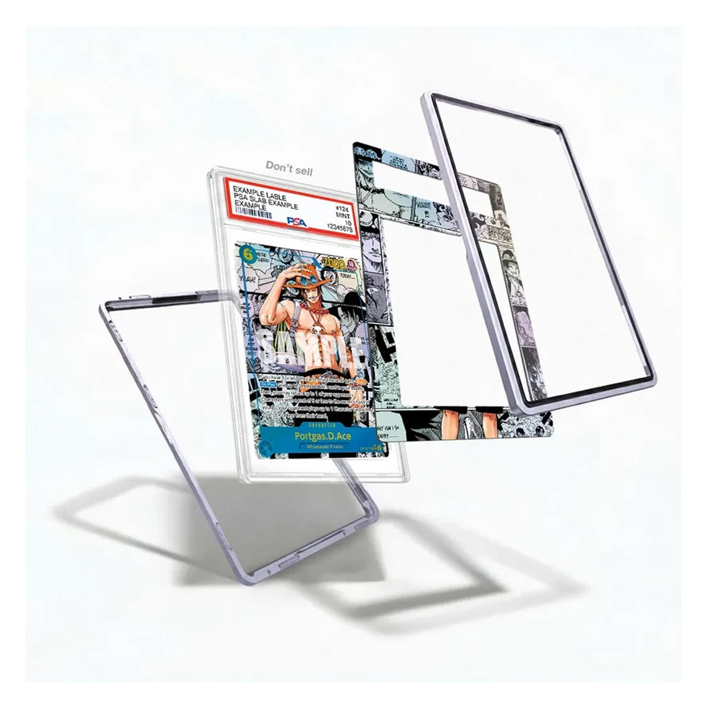 A clear protective case for a tablet, shown assembled with three floating transparent panels and a colorful printed insert card, on a clean white background.