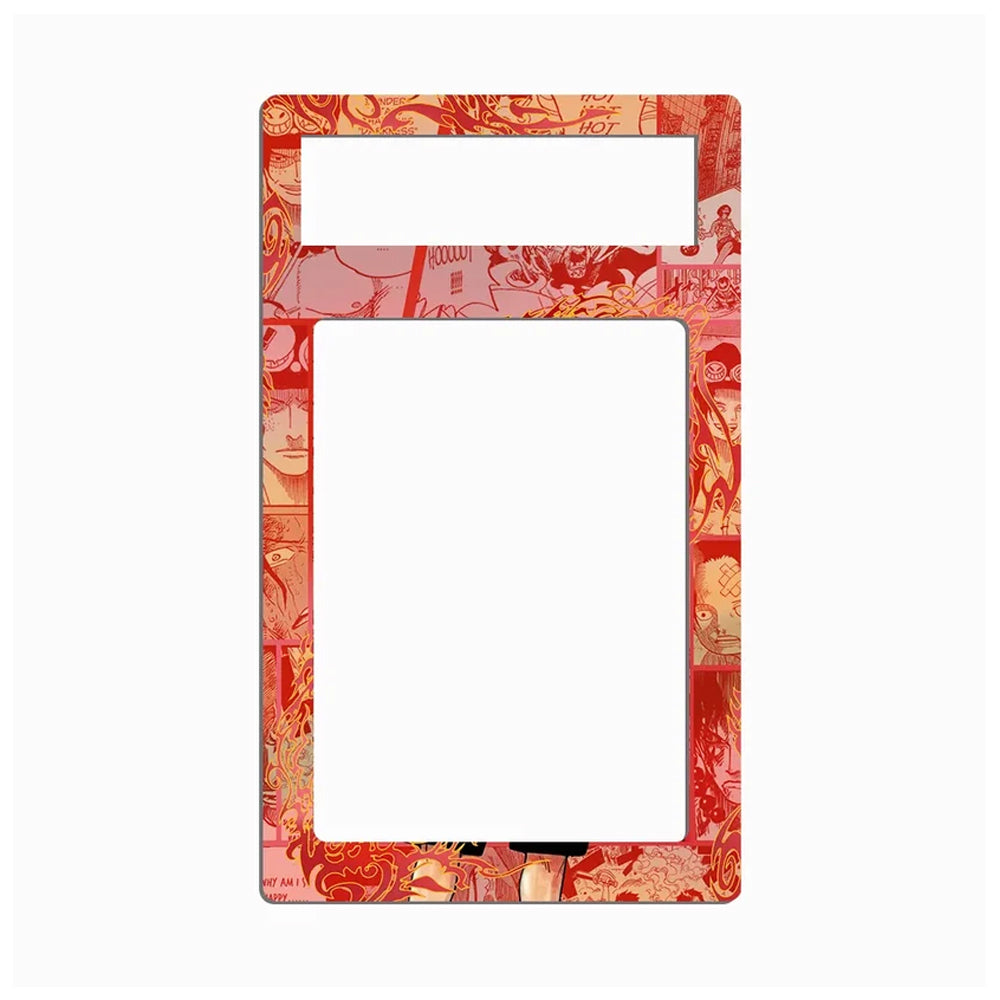 A rectangular picture frame insert with a red and orange collage pattern featuring anime-style faces and illustrations, shown on a plain white background.