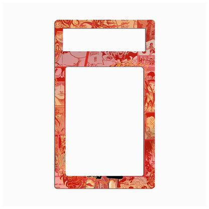 A rectangular picture frame insert with a red and orange collage pattern featuring anime-style faces and illustrations, shown on a plain white background.
