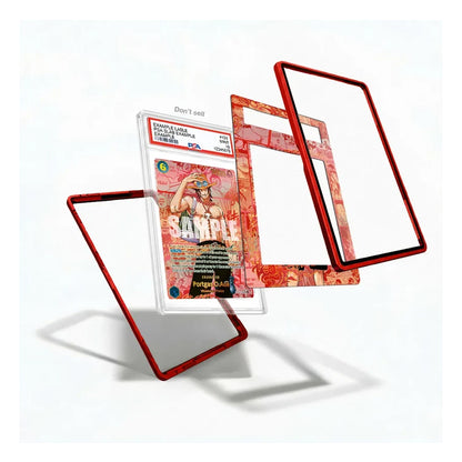 A set of clear acrylic card protectors with red borders and one decorative insert card, displayed in a floating arrangement on a white background.