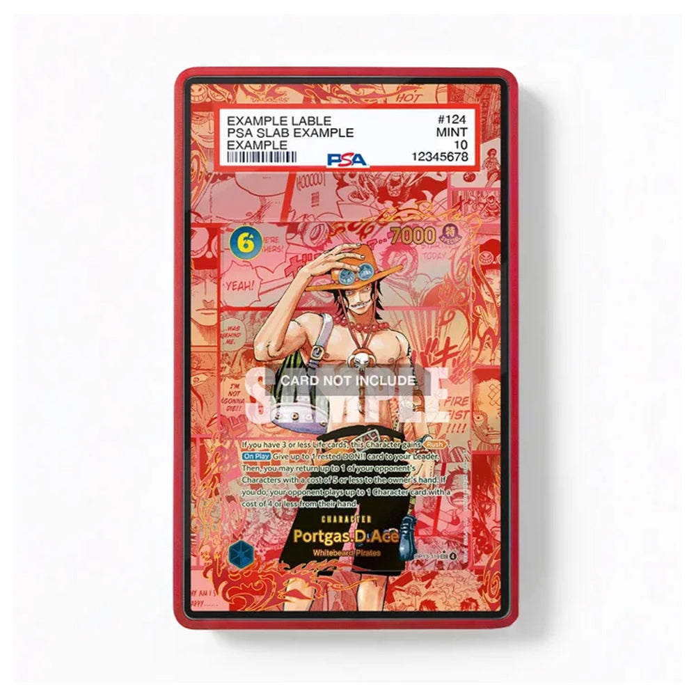 A collectible sample card from Portgas D. Arp, featuring an illustration of a character from One Piece on a red and orange graffiti-style background, framed in a red border.