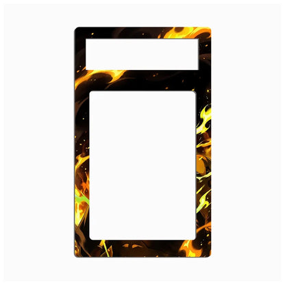 A rectangular black plastic frame or insert with a fiery flame pattern in orange, yellow, and white, shown against a plain white background.