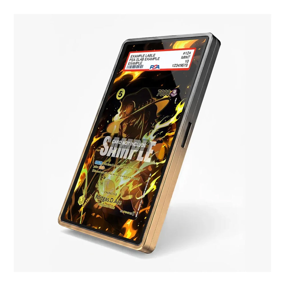 A black and gold smartphone shown at an angle on a light gray background, with a colorful flame graphic on the screen and a red-and-white sample label sticker near the top of the display.