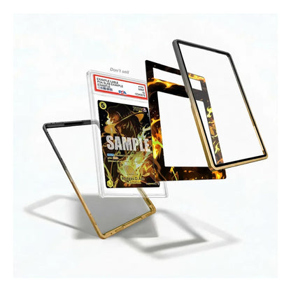 Four smartphone cases floating in mid-air against a white background, each with a gold-toned metal edge. One case features a clear back with a comic book graphic insert, another has a black and gold flame pattern, and two others show black and gold solid designs.