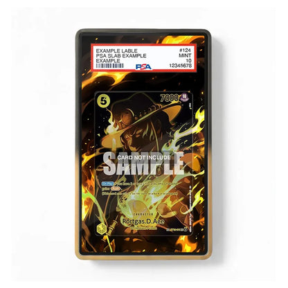 A PSA graded display card slab containing a collectible card, shown on a clean white background. The slab has a black front with a gold-toned border and a red PSA label at the top.