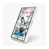 A silver rectangular card case or slim device shown at an angle on a light gray background, with a monochrome manga-style illustration and blue UI elements visible on the screen.