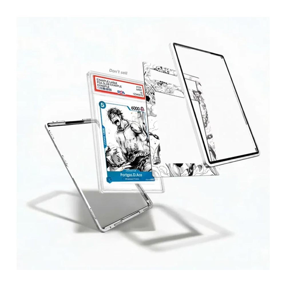 A transparent protective phone case set shown floating against a white background, including a clear back cover, a clear front bumper with black border, a patterned inner skin, and a card-deck style insert with illustrated artwork and a graded card label.