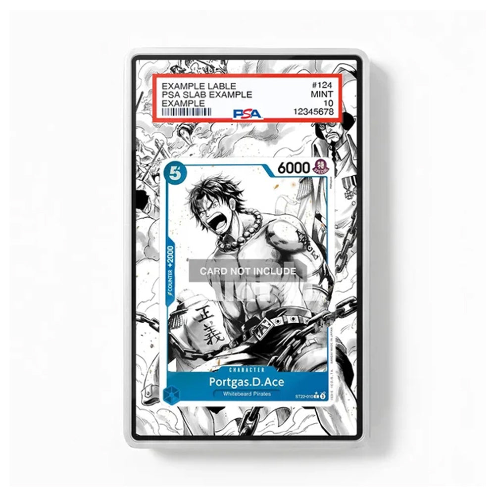 A PSA graded collectible card slab showing an illustrated anime-style card with black-and-white manga artwork and blue grading labels, photographed on a clean white background.