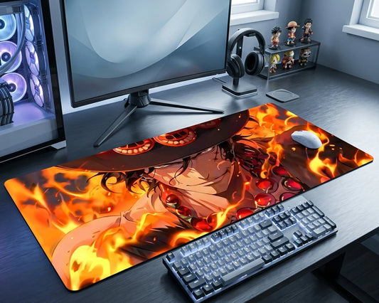 Gaming desk setup with a large mouse pad featuring an anime character on fire.